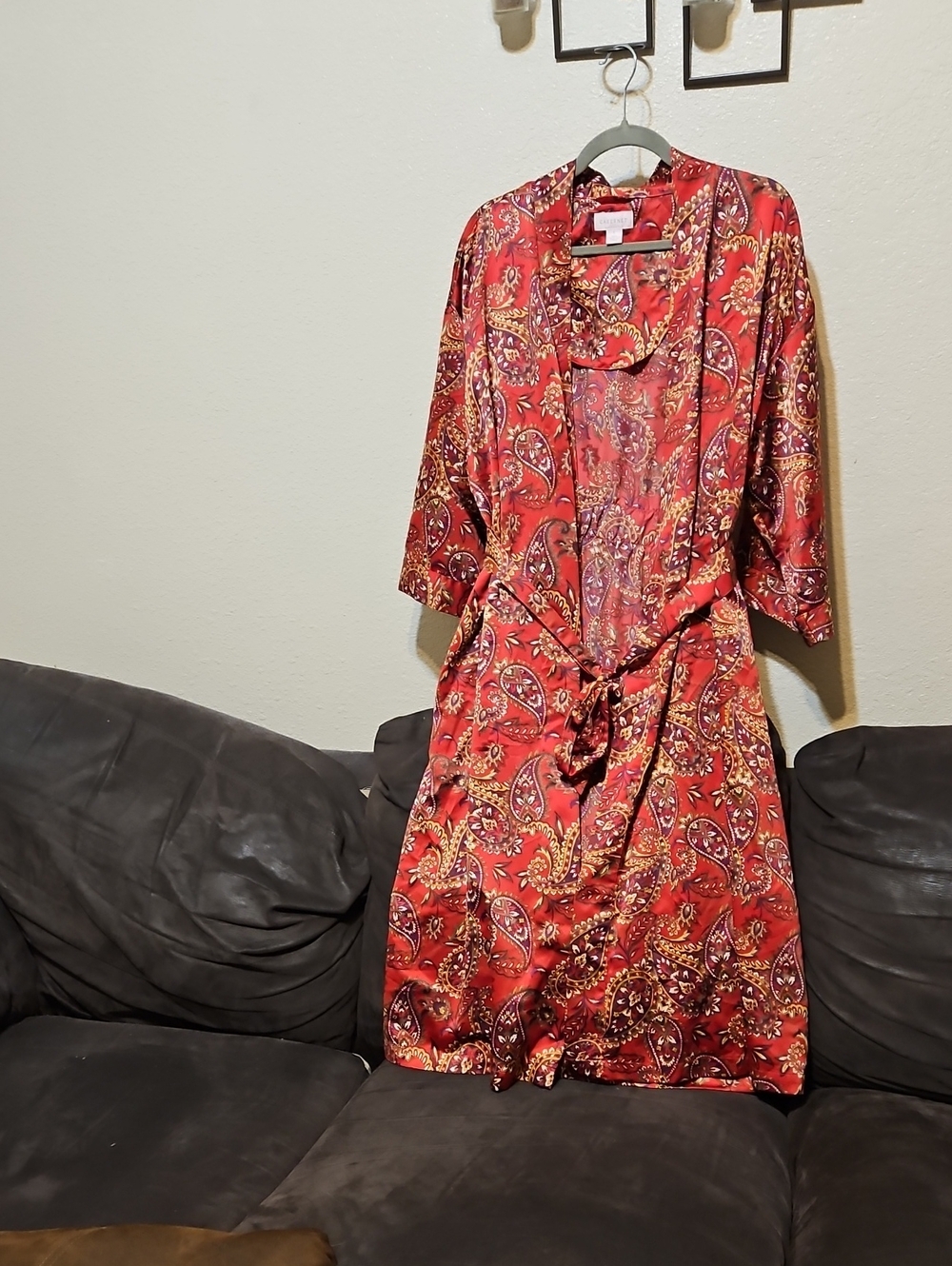 Cabernet Red Paisley Satin Wrap Robe with Tie